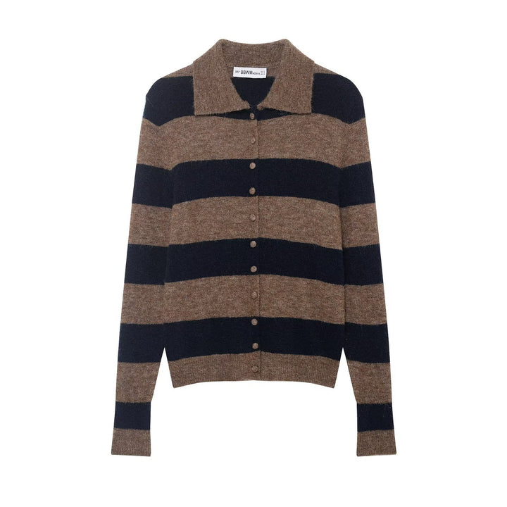 Damen gestreifte kuschelige Strickjacke mit Hemdkragen und durchgehender Knopfleiste Echoarchiv