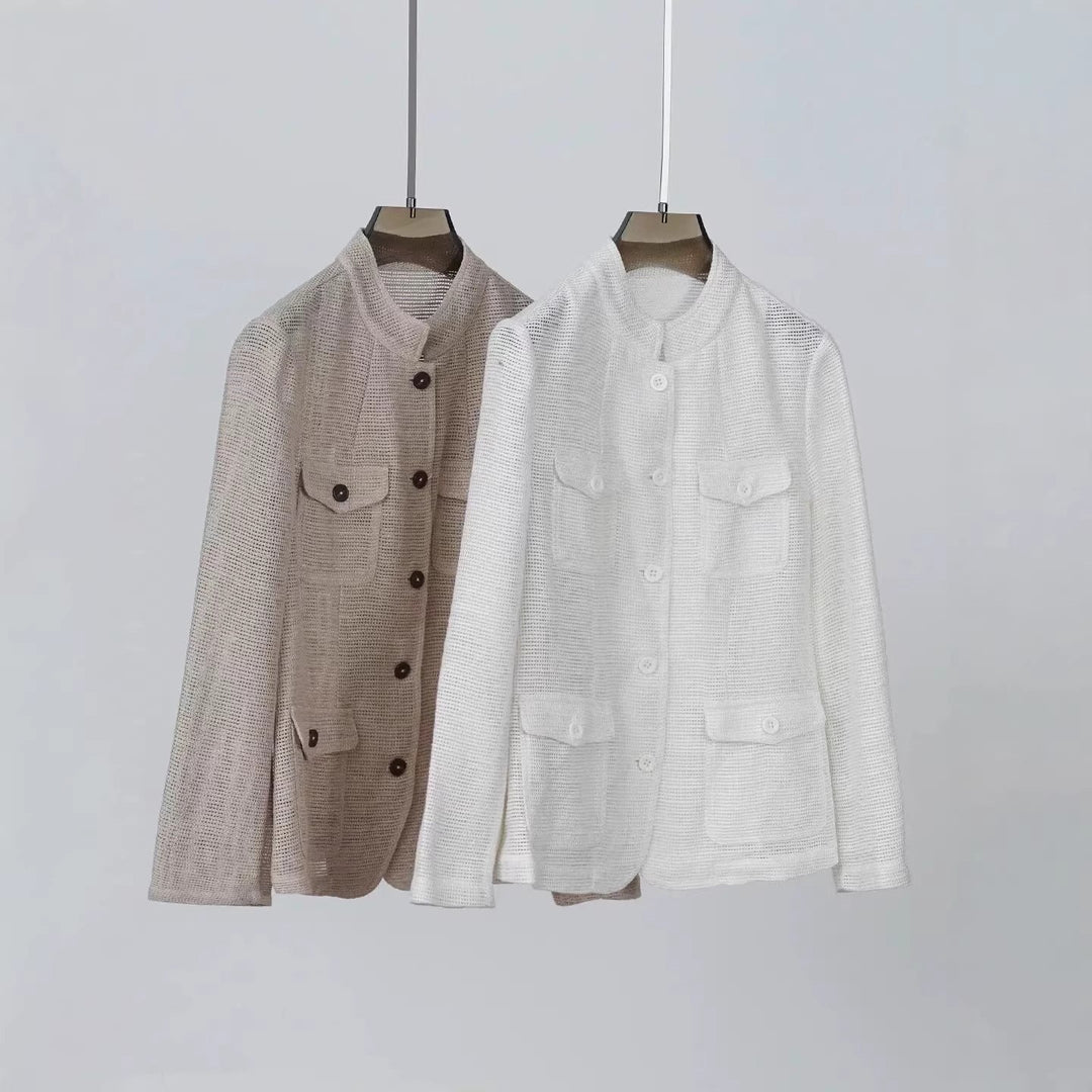 Damen Leichte Häkeloptik-Übergangsjacke mit Rundkragen und Pattentaschen Echo Archiv