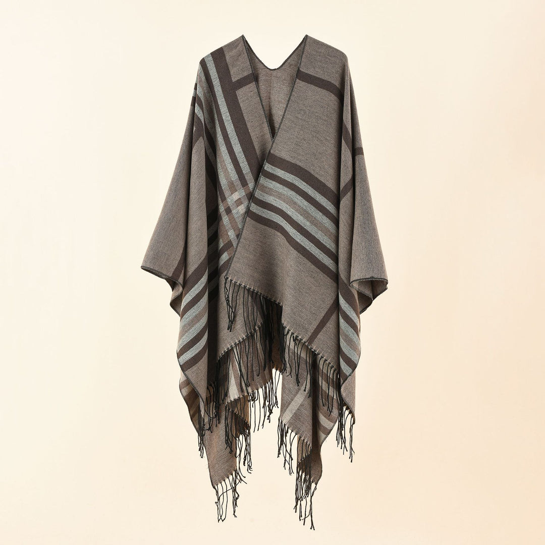 Damen Kastiger Ruana-Überwurf mit Fransen und diagonalem Streifenjacquard Echo Archiv