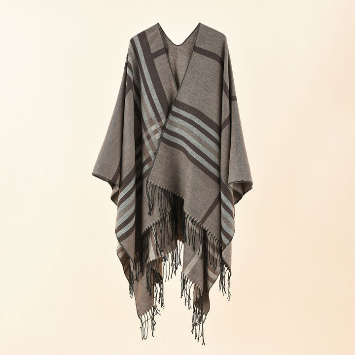 Damen Kastiger Ruana-Überwurf mit Fransen und diagonalem Streifenjacquard Echo Archiv