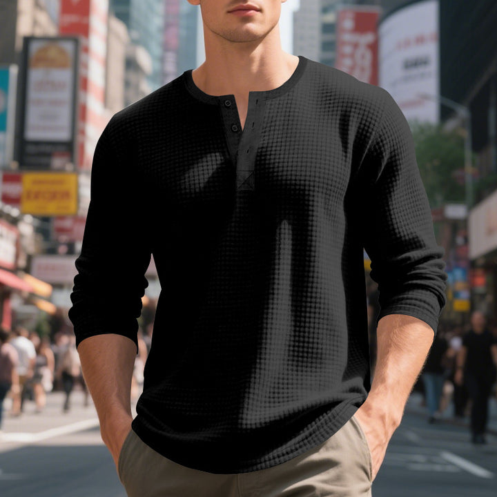 Herren nan thermoregulierendes Waffel-Thermalshirt mit Kurzknopfleiste und gerundetem Saum Echo Archiv