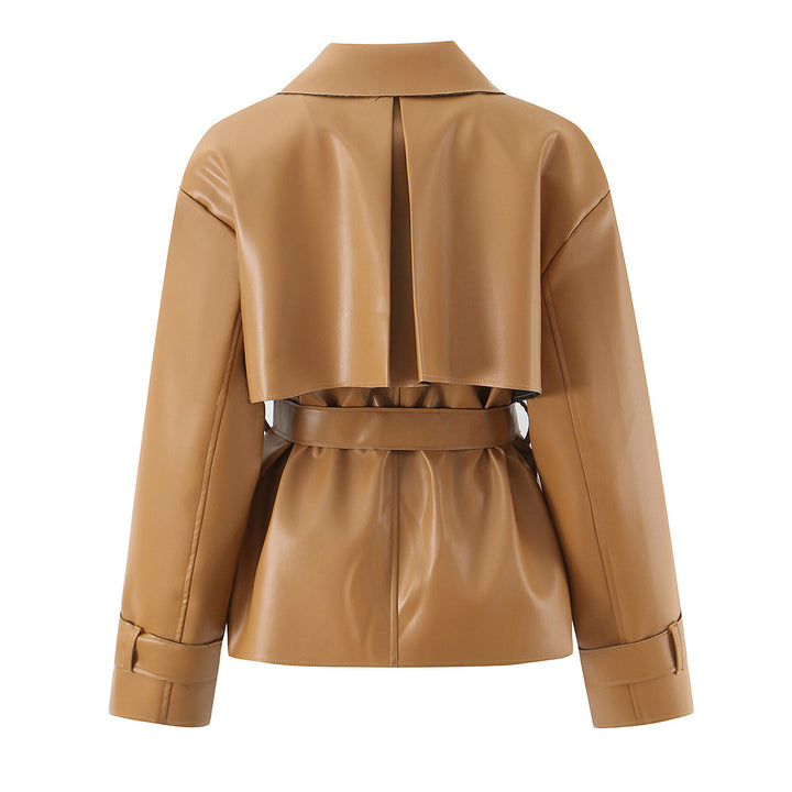 Damen Kurze taillierte Kunstlederjacke im Trenchstil mit Bindegürtel und Cape-Detail Echoarchiv