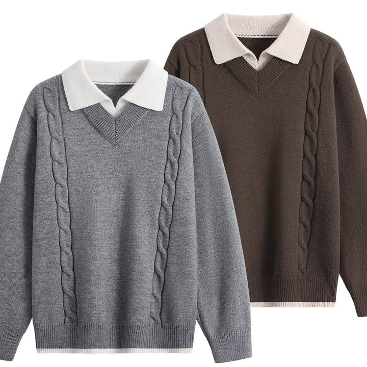 Damen Oversize-Pullover mit V-Ausschnitt, kontrastierendem Polokragen & Zopfstrick-Details Echoarchiv