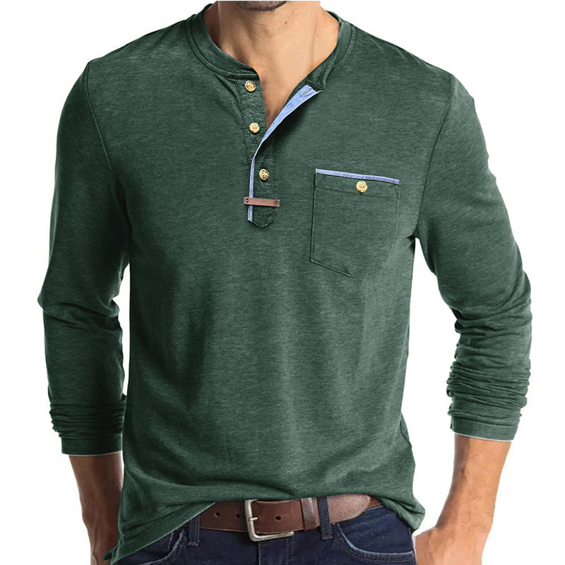 Herren Langarm-Henley-Shirt mit kontrastierenden Knöpfen und Brusttasche Echoarchiv