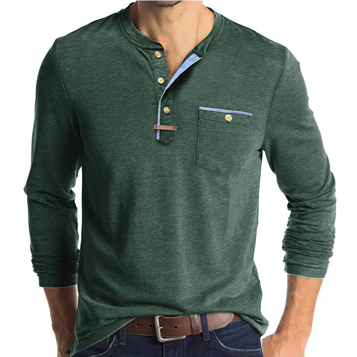 Herren Langarm-Henley-Shirt mit kontrastierenden Knöpfen und Brusttasche Echoarchiv