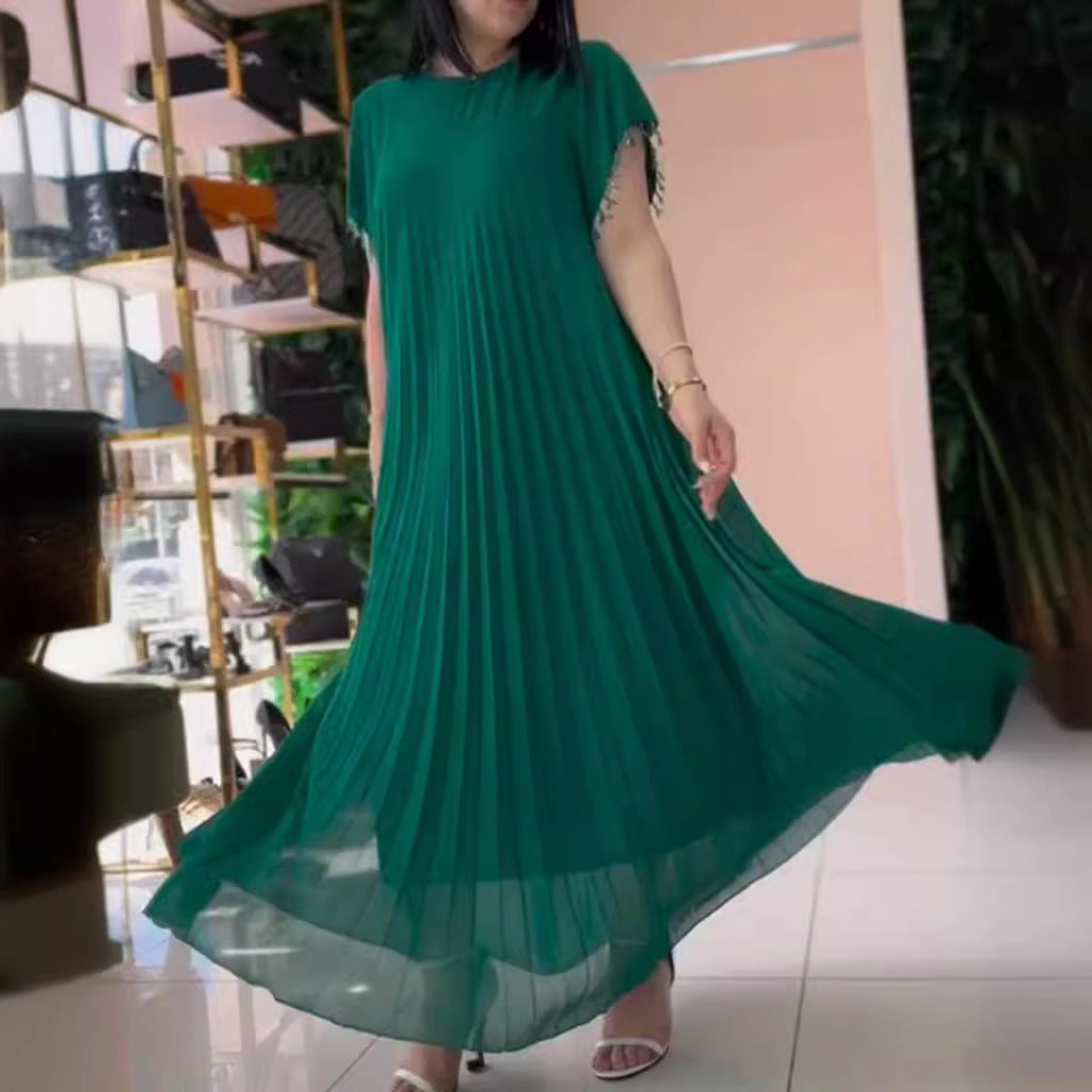 Damen nan elegantes Chiffon-Faltenmaxikleid mit weitem Schwingrock und Quastenärmeln Echo Archiv