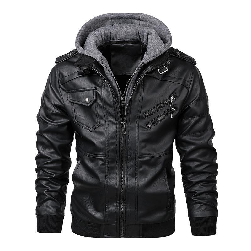 Herren Lederimitat-Fieldblouson mit innenliegendem Hoodie, Reißverschluss-Brusttaschen und Rippbündchen – Taviero
