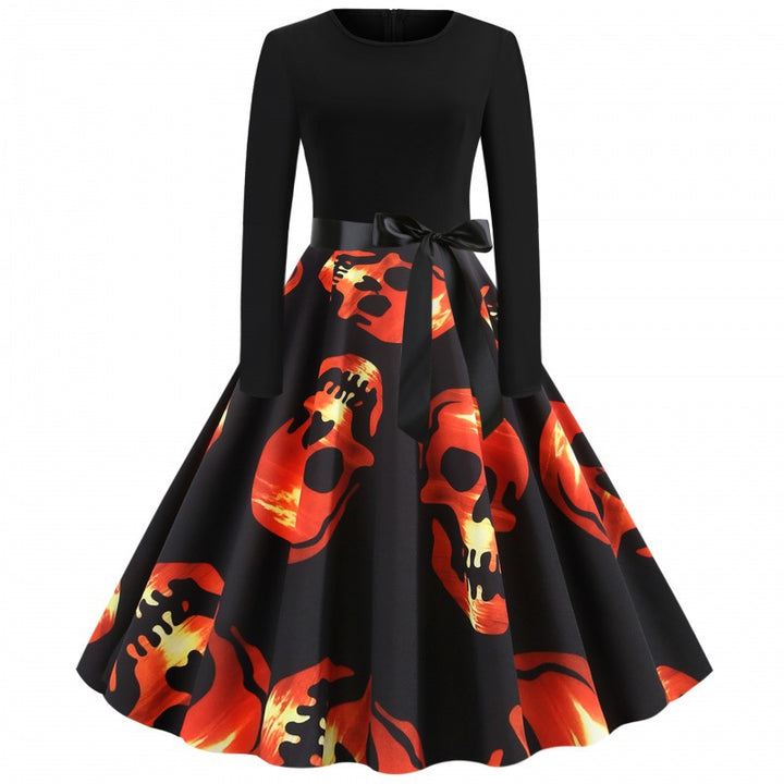 Damen Vintage Swing-Kleid mit tailliertem Oberteil, Tellerrock und großflächigem Totenkopf-Print – Élara
