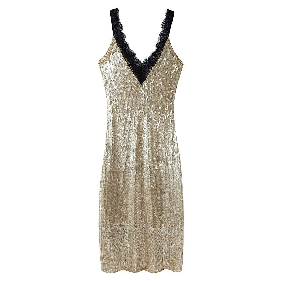 Damen glamouröses Abendkleid mit Pailletten und Spitzenverzierung Echo Archiv