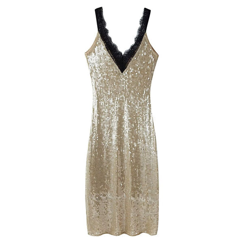 Damen glamouröses Abendkleid mit Pailletten und Spitzenverzierung Echo Archiv