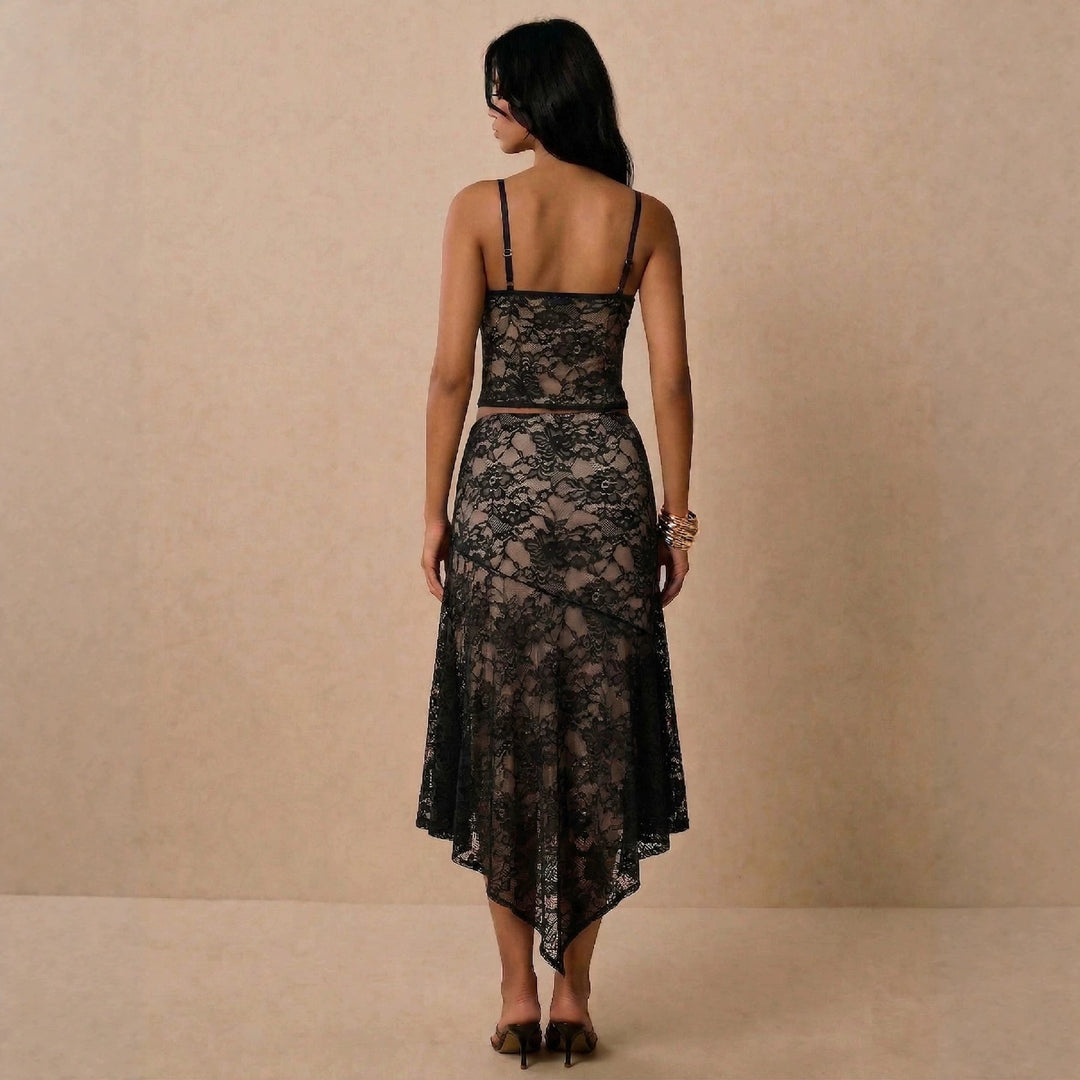 Damen nan Spitzen-Zweiteiler mit Bustier-Croptop und asymmetrischem Midirock Echo Archiv