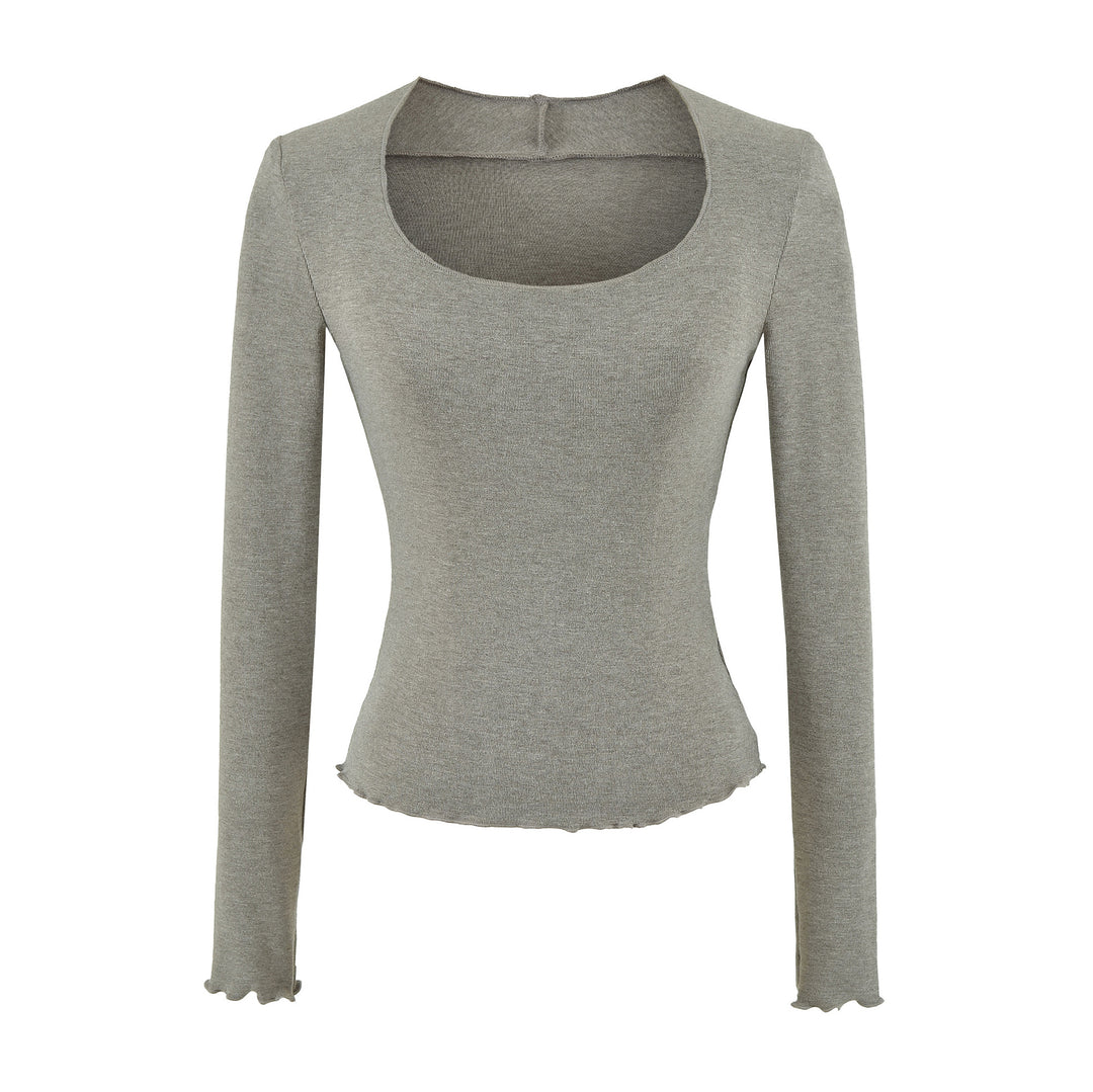 Damen Figurbetontes Langarm-Feinstrickshirt mit quadratischem Ausschnitt und Wellensaum Echoarchiv