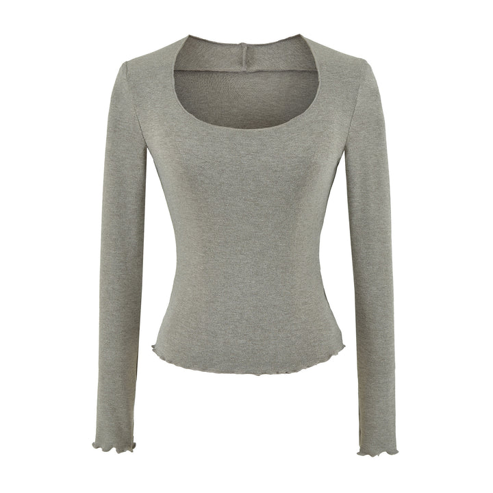 Damen Figurbetontes Langarm-Feinstrickshirt mit quadratischem Ausschnitt und Wellensaum Echoarchiv