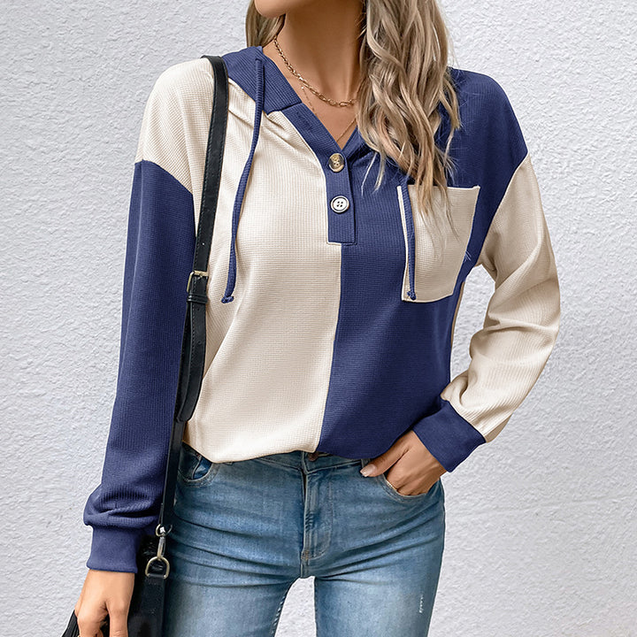 Damen Lässiges Colorblock-Hoodie-Henley mit Waffelstruktur und Brusttasche Echoarchiv