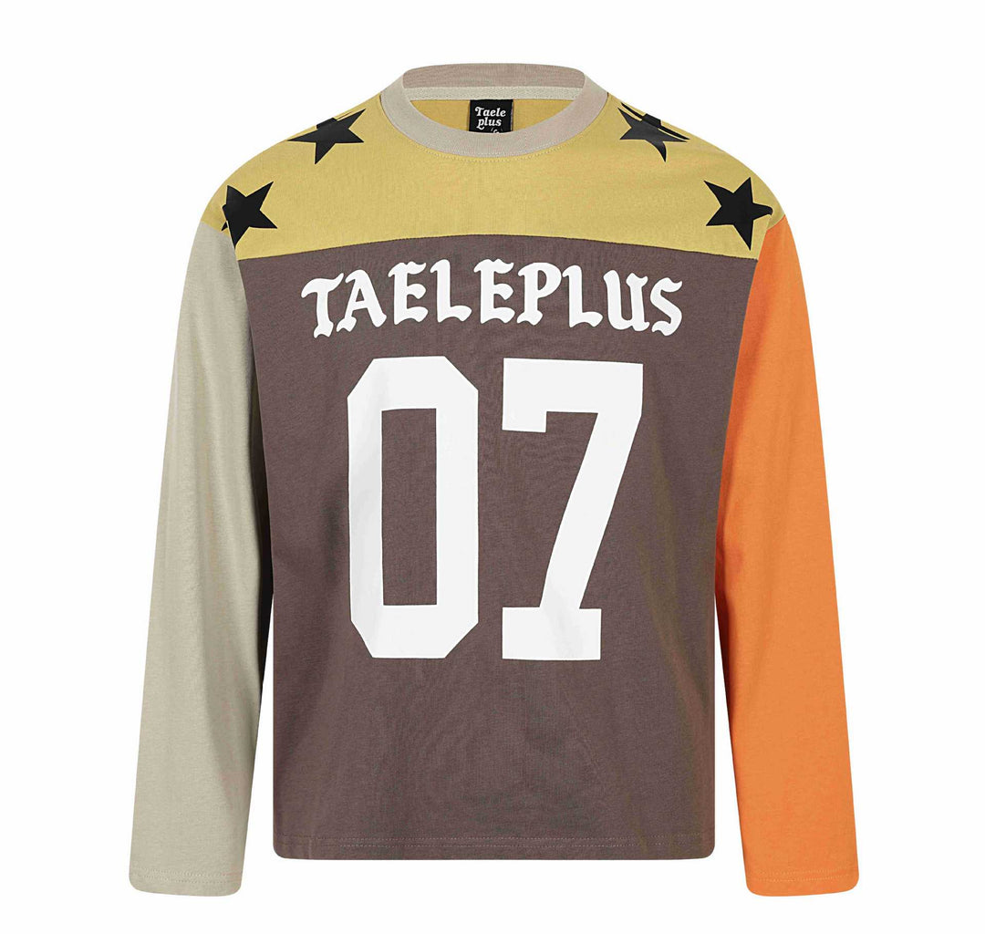 Unisex Langarmshirt im Vintage-Sportstil mit Nummernprint und Stern-Applikationen Echoarchiv