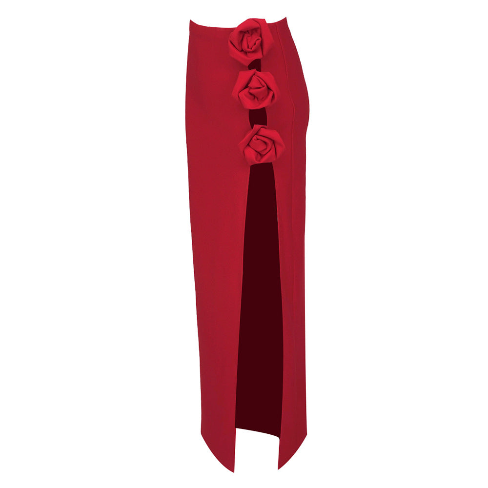 Damen eleganter, figurbetonter Rock mit Blumenapplikationen und seitlichem Schlitz Echo Archiv