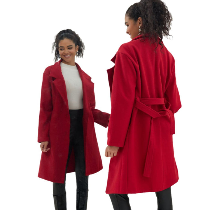 Damen Eleganter knielanger Zweireihiger Wollblend-Mantel mit Reverskragen – Montévia