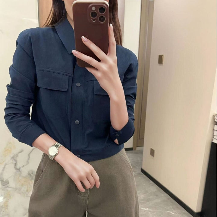 Damen Kurze Overshirt-Jacke aus strukturiertem Canvas mit Brusttaschen Echoarchiv
