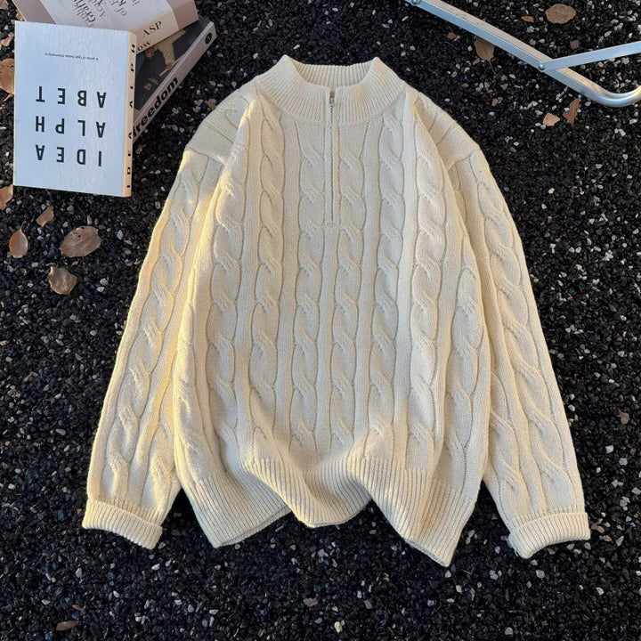 Unisex Oversize-Zopfmuster-Halbzip-Pullover mit extra hohem Rippkragen und schwerer Baumwollmischung Echoarchiv
