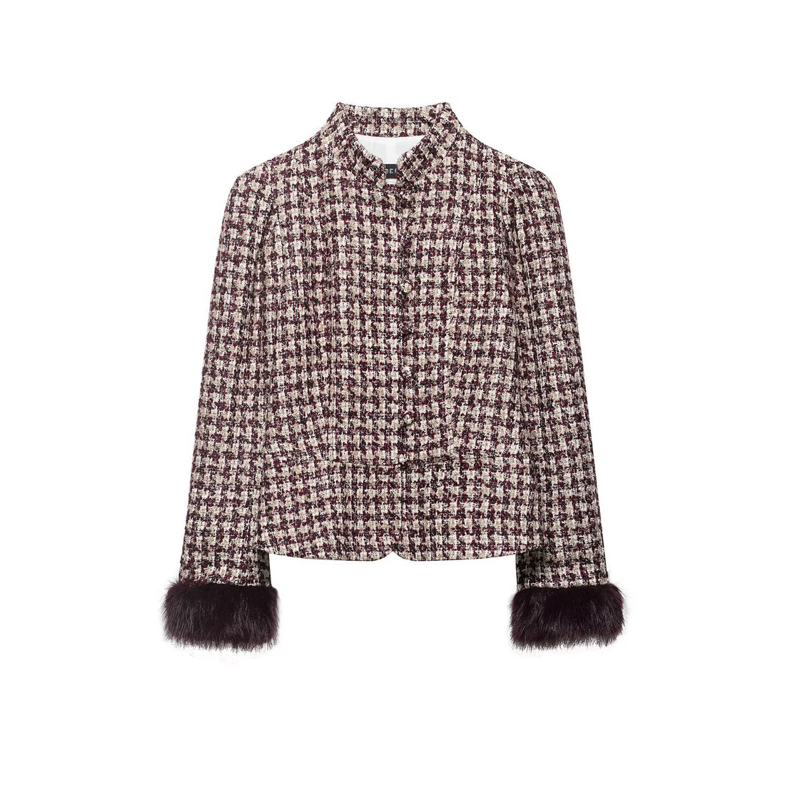 Damen Kurz geschnittene Bouclé‑Tweedjacke mit Stehkragen und Kunstfellmanschetten Echoarchiv