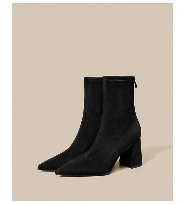 Damen Spitze Sock‑Ankle‑Boots mit skulpturellem Blockabsatz und Stretch‑Veloursoptik – Varelle
