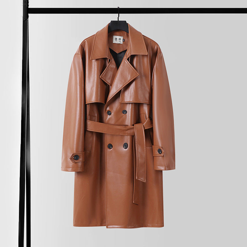 Herren Lederimitat-Trenchcoat mit Doppelreiher, Oversize-Schnitt und Manschettenriegel Echoarchiv