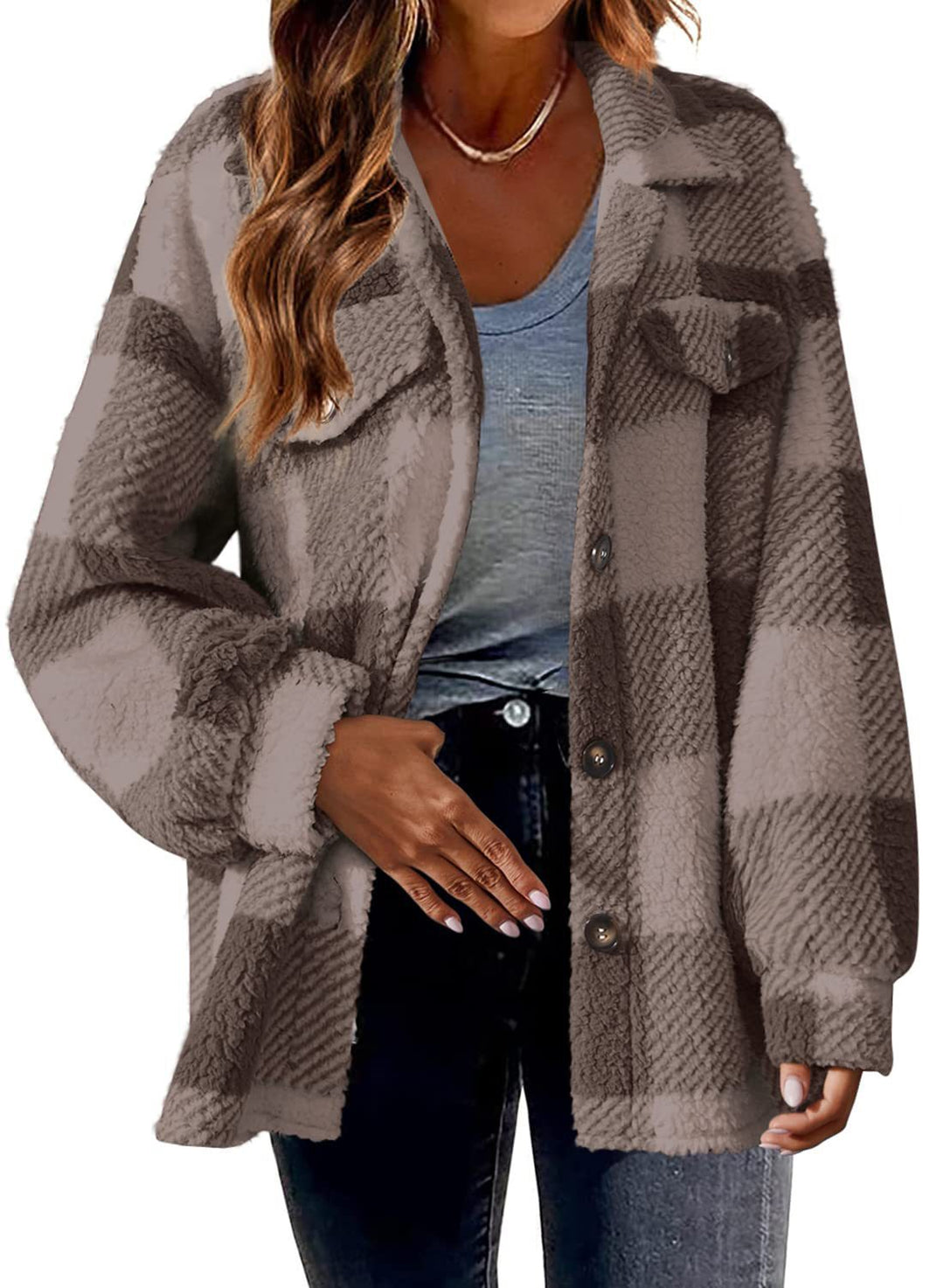 Damen nan kuschelige Sherpa-Karo-Übergangsjacke mit Brusttaschen und großzügigem Oversize-Schnitt Echo Archiv