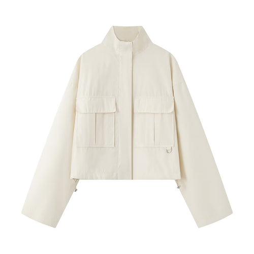 Damen Kurz-Utility-Jacke im Boxy-Schnitt mit Stehkragen und aufgesetzten Pattentaschen Echoarchiv