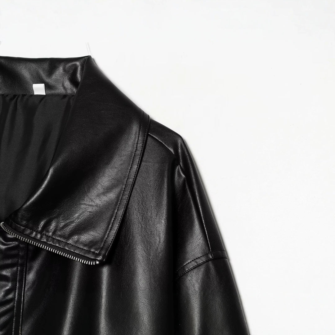 Damen Oversized Kunstleder-Bomberjacke mit breitem Reverskragen und elastischem Saum Echo Archiv