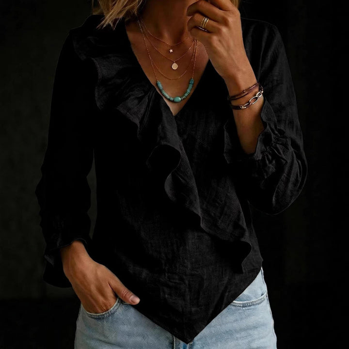 Damen Volant‑Bluse im Leinenlook mit Wickeloptik und asymmetrischem Zipfelsaum Echoarchiv