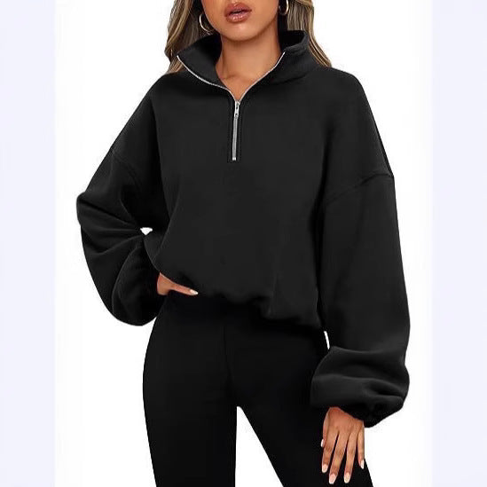 Damen nan kurz geschnittenes Halbzip-Sweatshirt mit hohem Stehkragen, Ballonärmeln und elastischem Saum Echo Archiv