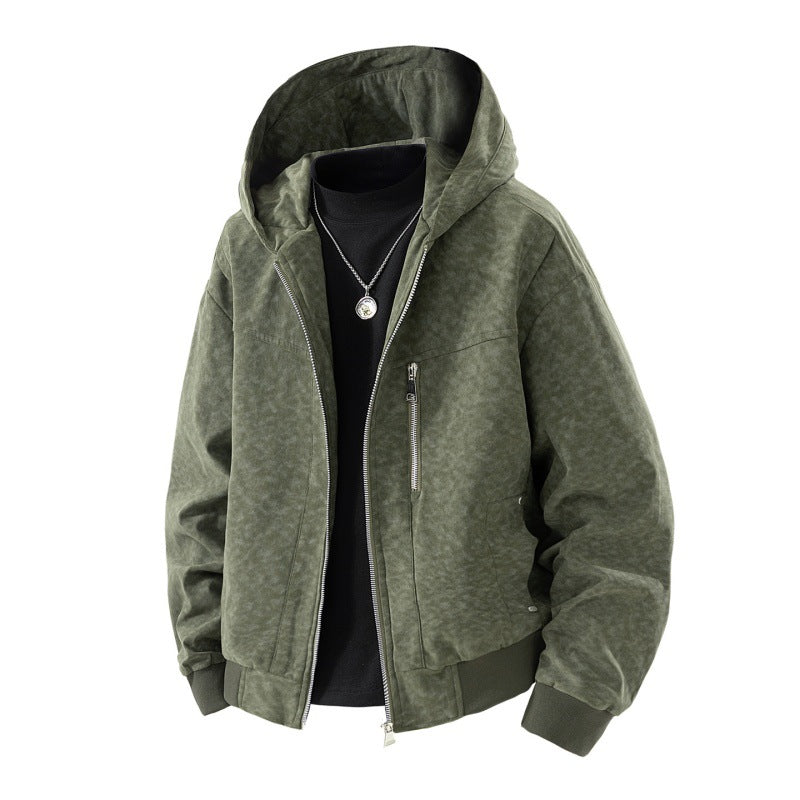 Herren-Hoodie-Blouson im Vintage-Suede-Look mit durchgehendem Reißverschluss und gerippten Bündchen – Cavarno
