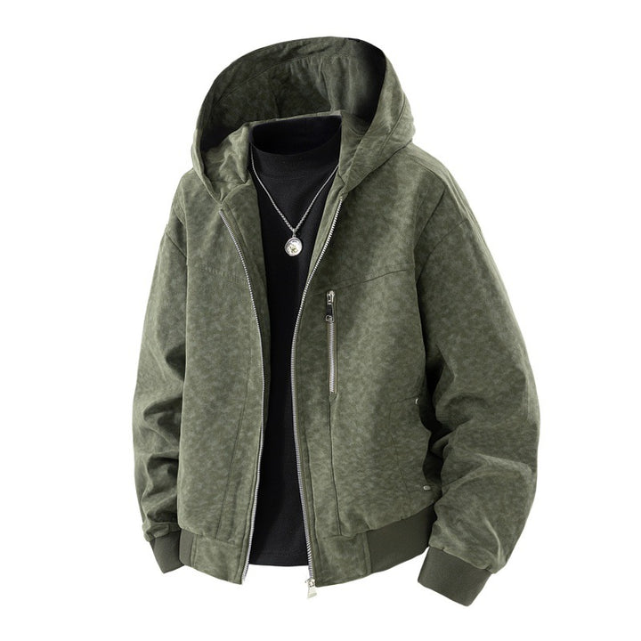 Herren-Hoodie-Blouson im Vintage-Suede-Look mit durchgehendem Reißverschluss und gerippten Bündchen – Cavarno