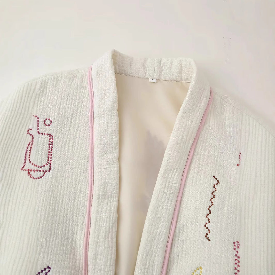 Damen gesteppte Kimono-Jacke mit dekorativer Stickerei, aufgesetzten Taschen und lässigem Oversize-Schnitt – Célinea