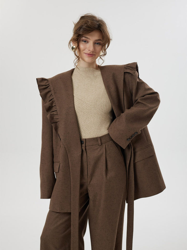 Damen Zweiteiliges Oversize-Blazer-und-Hose-Set mit Volant-Schulter und hoher Bundfalte Echoarchiv