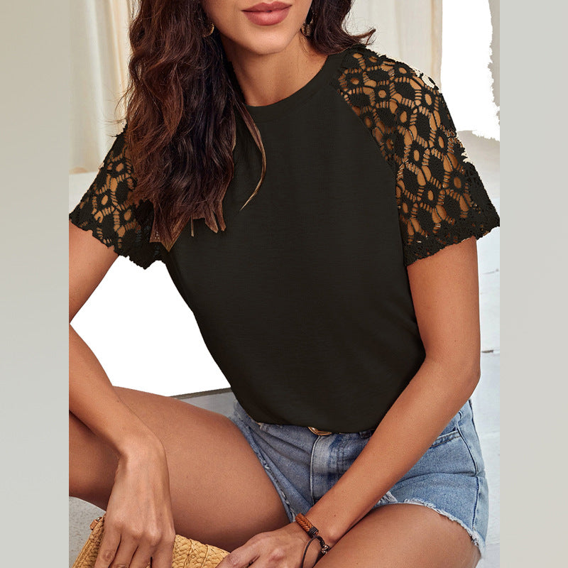 Damen Kurzarmshirt mit Häkelspitzen-Ärmeln und Rundhalsausschnitt – Avérine