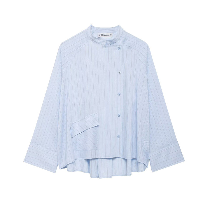 Damen Oversized gestreifte Hemdbluse mit Stehkragen, asymmetrischer Knopfleiste und High‑Low‑Saum Echo Archiv