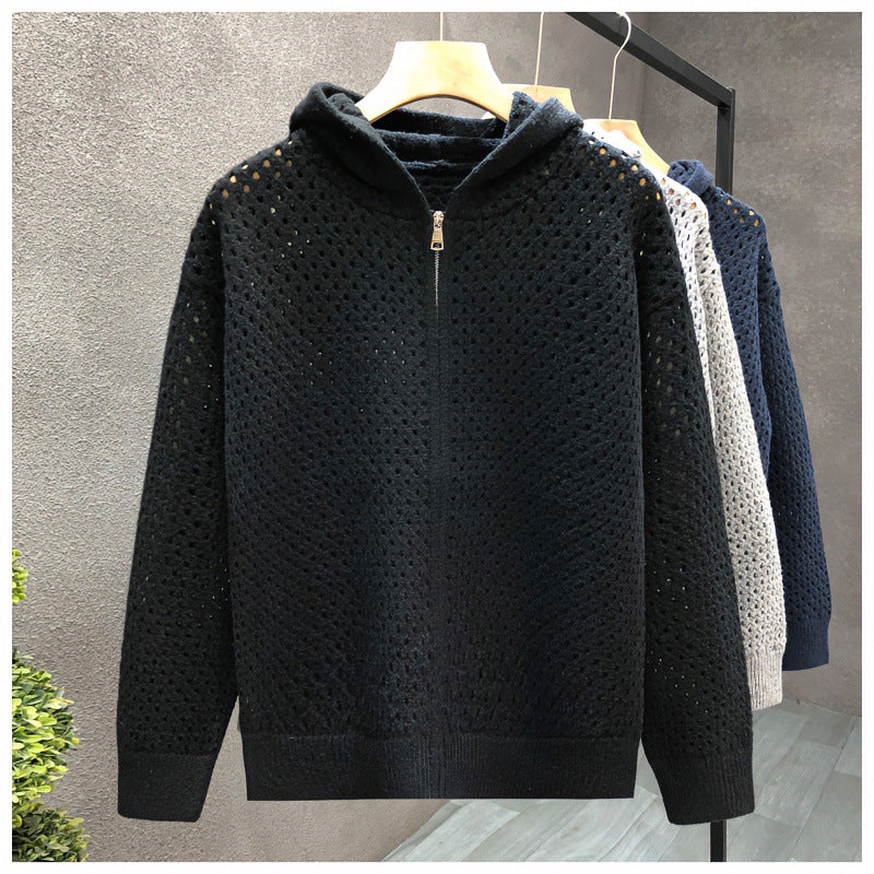 Unisex Leichte Lochstrick-Kapuzenzipjacke mit Ajourmuster Echoarchiv