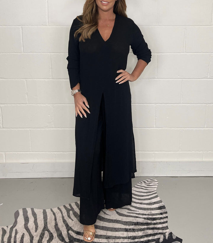 Damen Langes V‑Ausschnitt Tunika‑Kleid mit Frontschlitz und weiter Palazzohose Echoarchiv