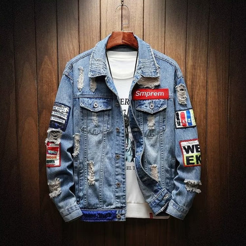 Herren Modische Denimjacke mit kreativen Applikationen Echoarchiv