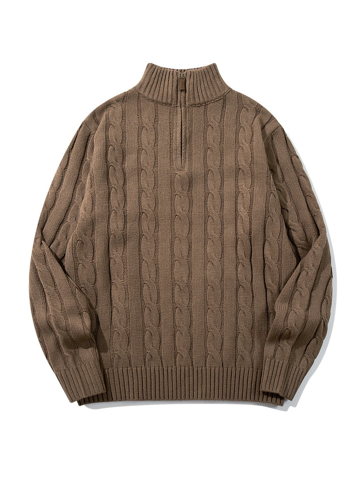 Unisex Zopfmuster-Halbzip-Pullover mit hohem Rippkragen und Oversize-Schnitt Echoarchiv