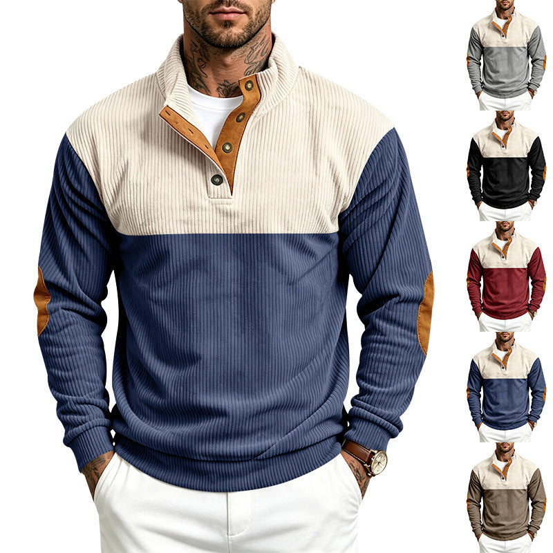 Herren Strukturierter Troyer-Pullover mit Stehkragen, Druckknopfleiste und Ellbogen‑Patches Echoarchiv