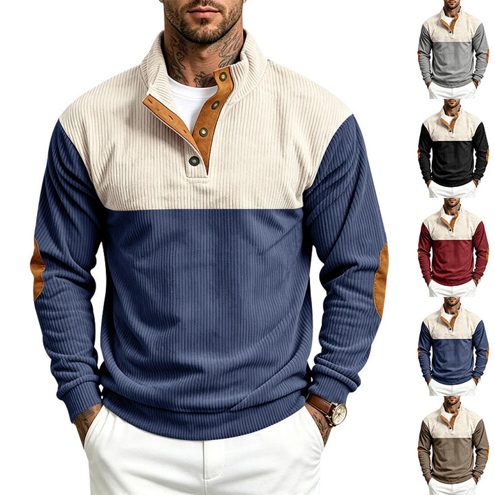 Herren Strukturierter Troyer-Pullover mit Stehkragen, Druckknopfleiste und Ellbogen‑Patches Echoarchiv