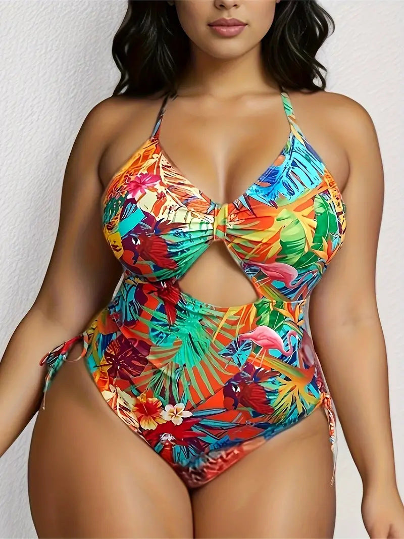 Damen Einteiliger Badeanzug mit exotischem Schnitt und buntem Tropen-Design Echo Archiv