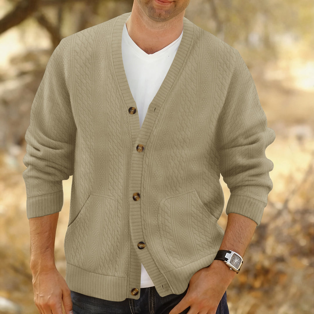 Herren Strukturierter Strickcardigan mit Zopf- und Waffelmuster, Knopfleiste und aufgesetzten Taschen Echoarchiv