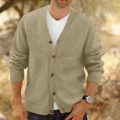 Herren Strukturierter Strickcardigan mit Zopf- und Waffelmuster, Knopfleiste und aufgesetzten Taschen Echoarchiv