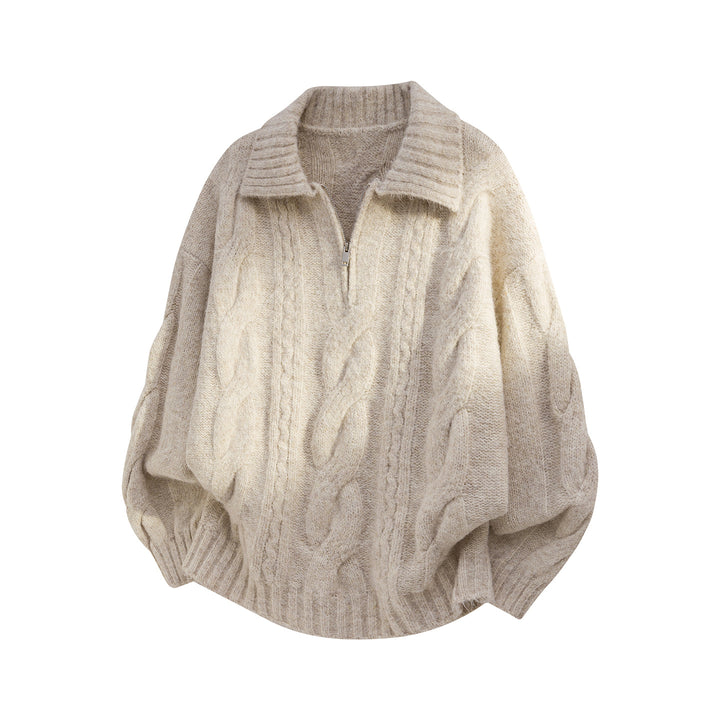 Damen Oversize Strickpullover mit halbem Reißverschluss, Zopfmuster und Ballonärmeln Echo Archiv