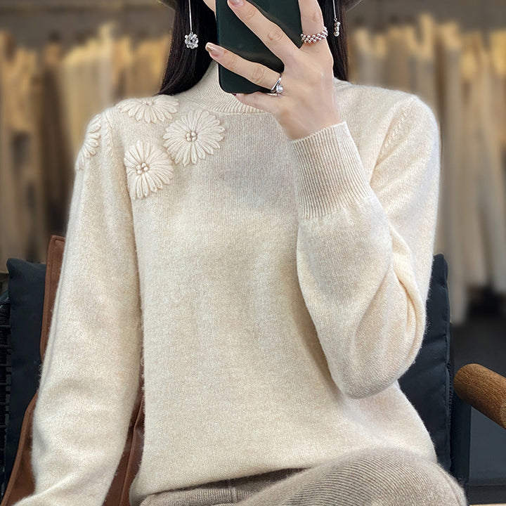 Damen Weicher Feinstrickpullover mit kurzem Stehkragen, 3D‑Blütenapplikation und gerippten Bündchen Echoarchiv