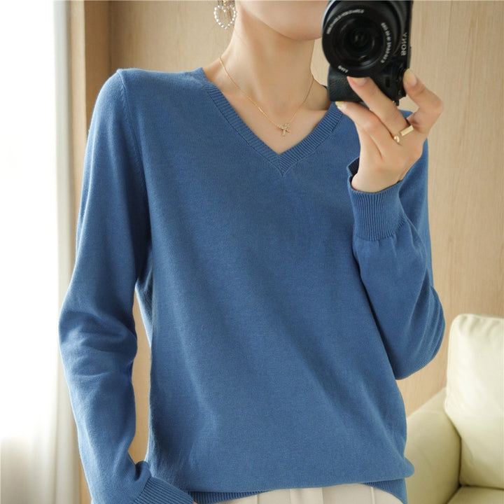 Damen Leichter V‑Ausschnitt Feinstrickpullover aus kaschmirweicher Baumwollmischung mit elastischen Rippbündchen Echoarchiv