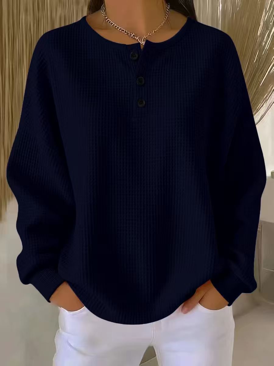 Damen nan Oversized Waffelstrick Henley-Pullover mit Knopfleiste und abgerundetem Saum Echo Archiv